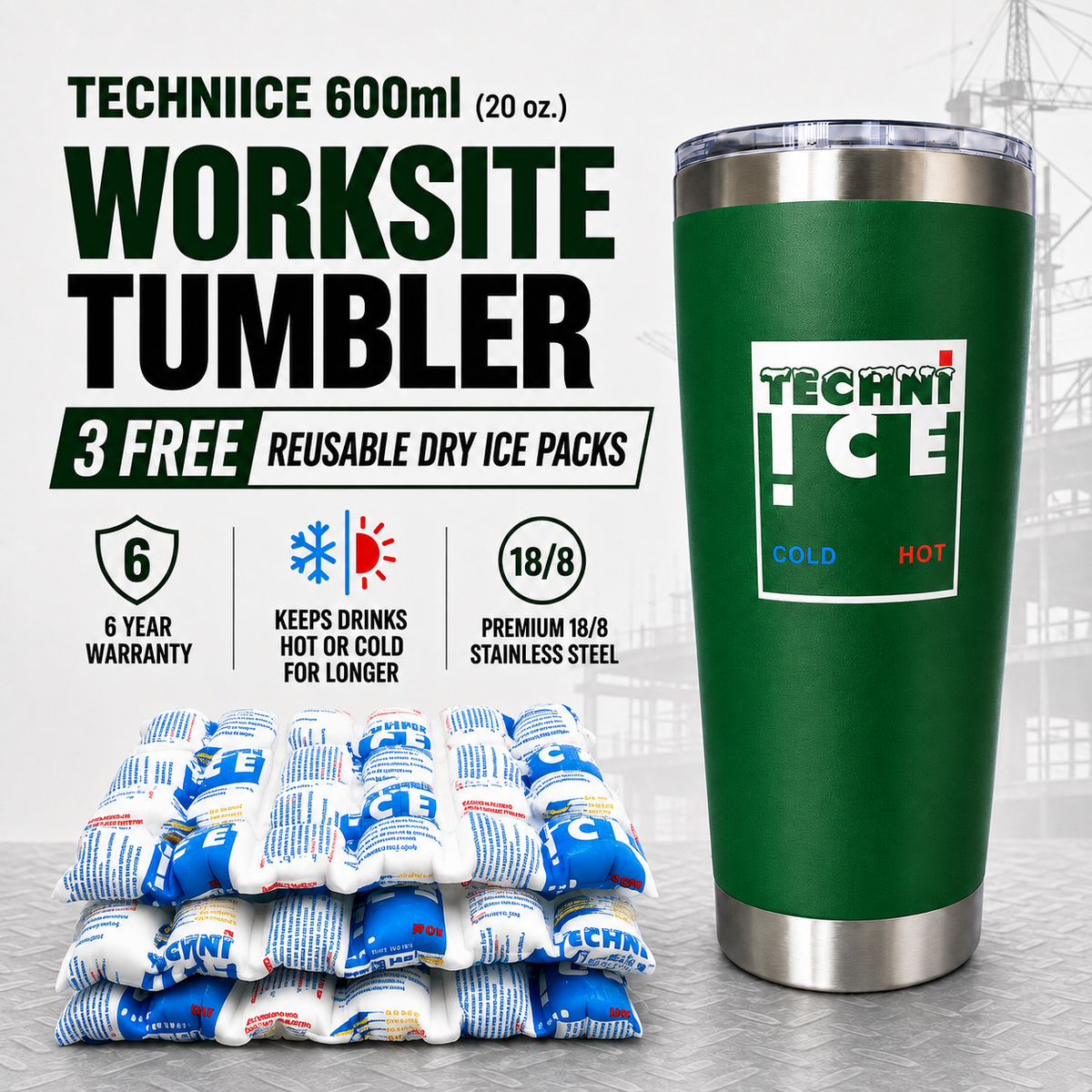 Techni Ice 600ml (20 oz.)Worksite Tumbler Outback Green + 3 Free Techni Ice Reusable Dry Ice Packs