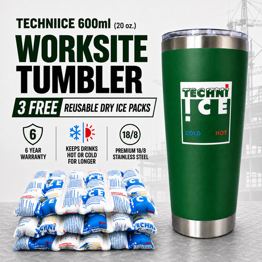Techni Ice 600ml (20 oz.)Worksite Tumbler Outback Green + 3 Free Techni Ice Reusable Dry Ice Packs