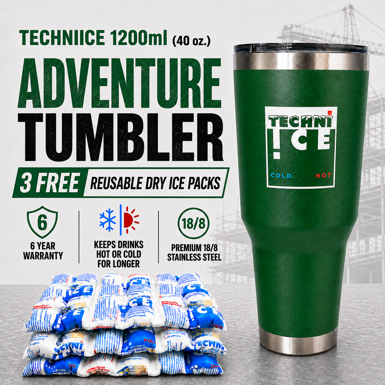 Techni Ice 1200ml (40 oz.) Adventure Tumbler  Outback Green+3 Free Techni Ice Reusable Dry Ice Packs