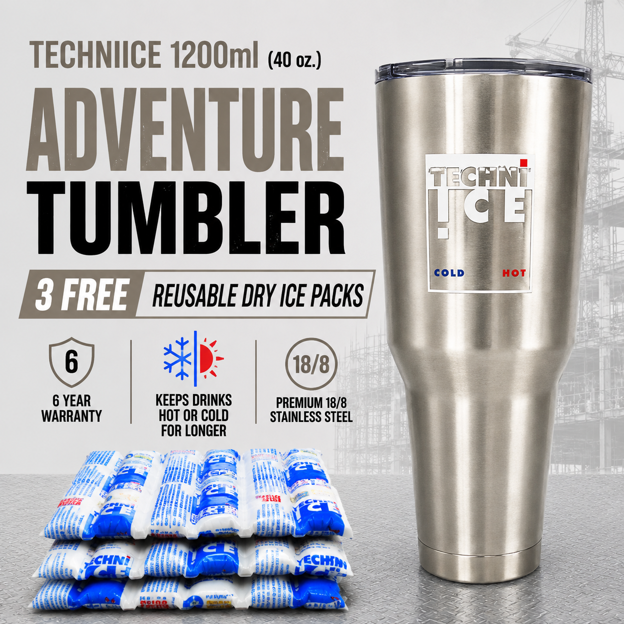 Techni Ice 1200ml (40 oz.) Adventure Tumbler Stainless Steel+3 Free Techni Ice Reusable Dry Ice Packs