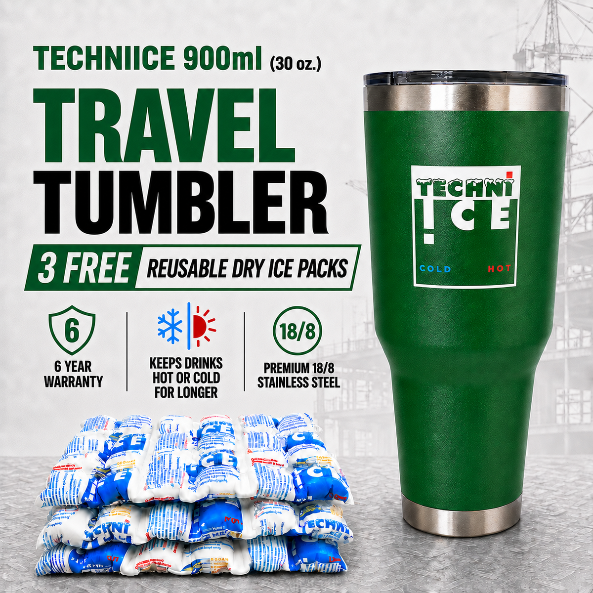 Techni Ice 900ml (30 oz.) Travel Tumbler  Outback Green+3 Free Techni Ice Reusable Dry Ice Packs