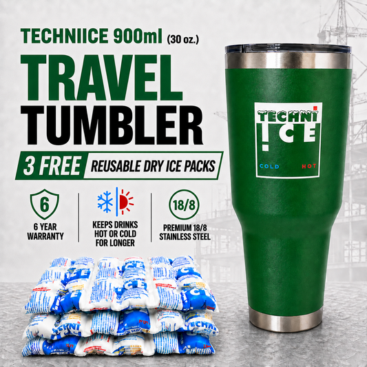 Techni Ice 900ml (30 oz.) Travel Tumbler  Outback Green+3 Free Techni Ice Reusable Dry Ice Packs