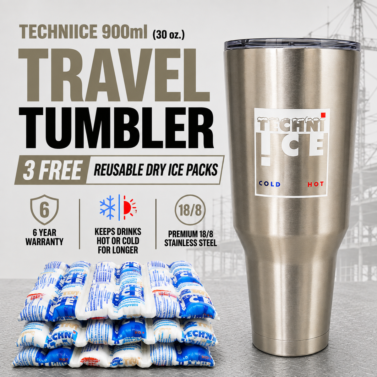 Techni Ice 900ml (30 oz.) Travel Tumbler Stainless Steel+3 Free Techni Ice Reusable Dry Ice Packs