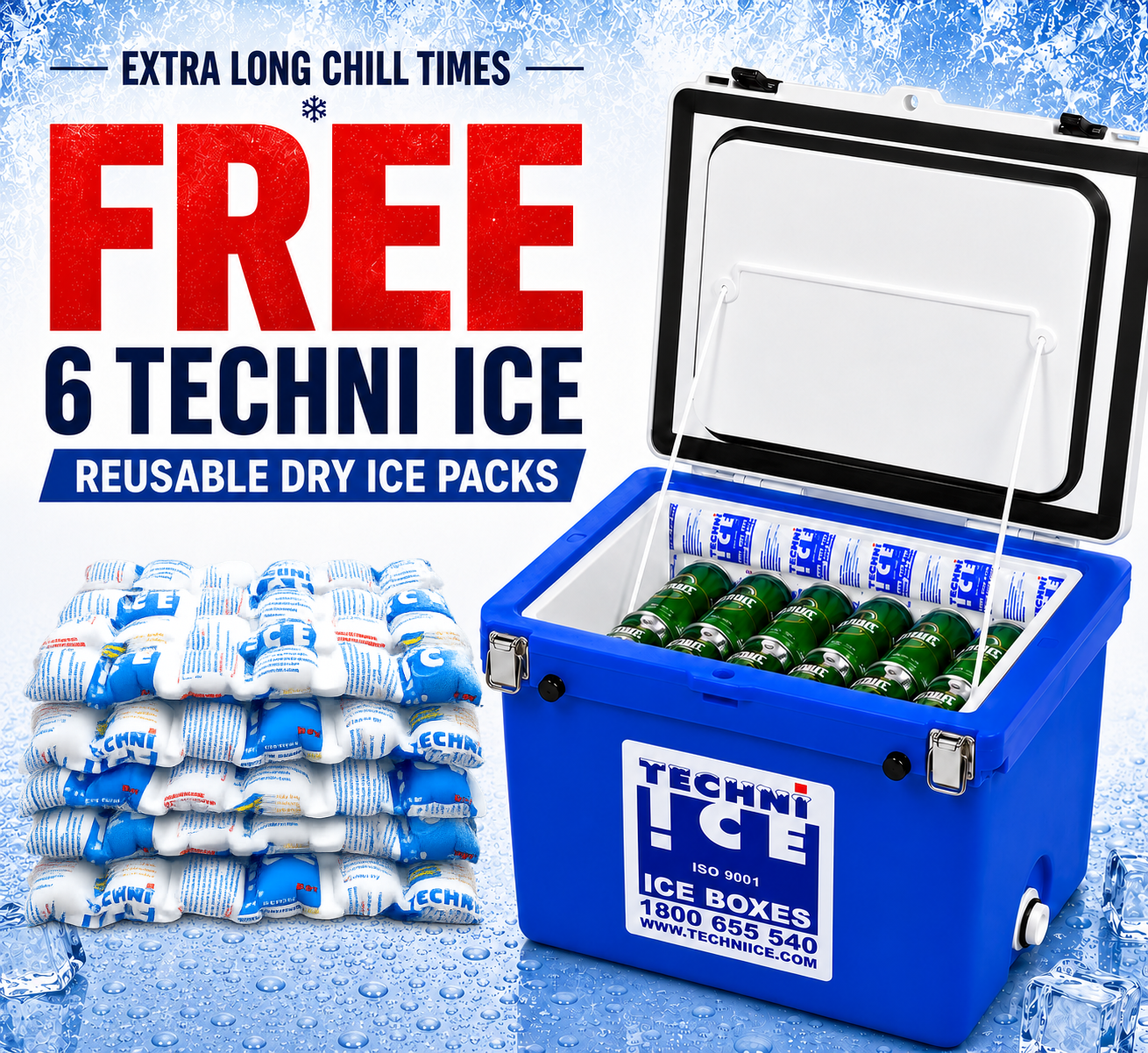 Techniice Classic Ice box 60L White Blue *FREE 6 REUSABLE DRY ICE PACKS VALUES $37* PRE-ORDER NOW FOR SEPTEMBER DISPATCH