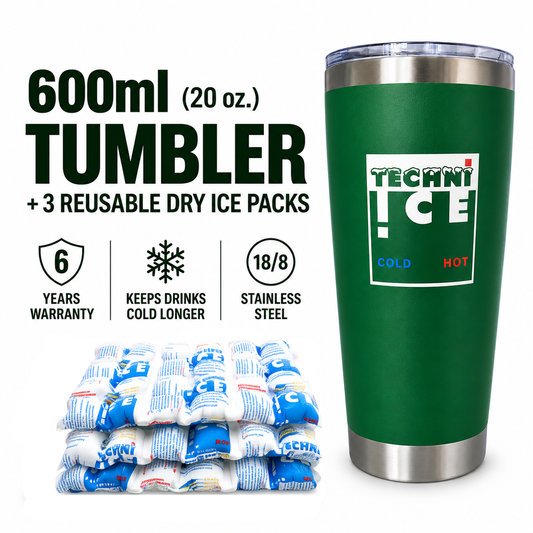 Techni Ice 600ml (20 oz.) Tumbler Emerald Stainless Steel 6 Years Warranty + 3 Techni Ice Reusable Dry Ice Packs *FRESH STOCK JUST ARRIVED