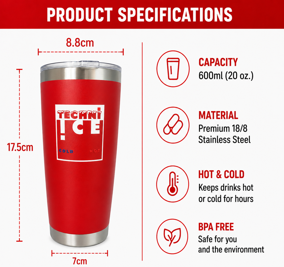 Techni Ice 600ml (20 oz.)Worksite Tumbler Lava Red + 3 Free Techni Ice Reusable Dry Ice Packs