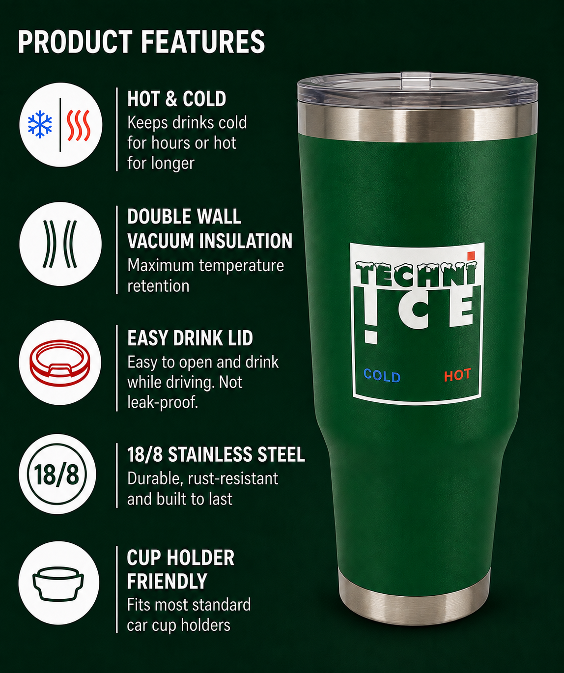 Techni Ice 1200ml (40 oz.) Adventure Tumbler  Outback Green+3 Free Techni Ice Reusable Dry Ice Packs