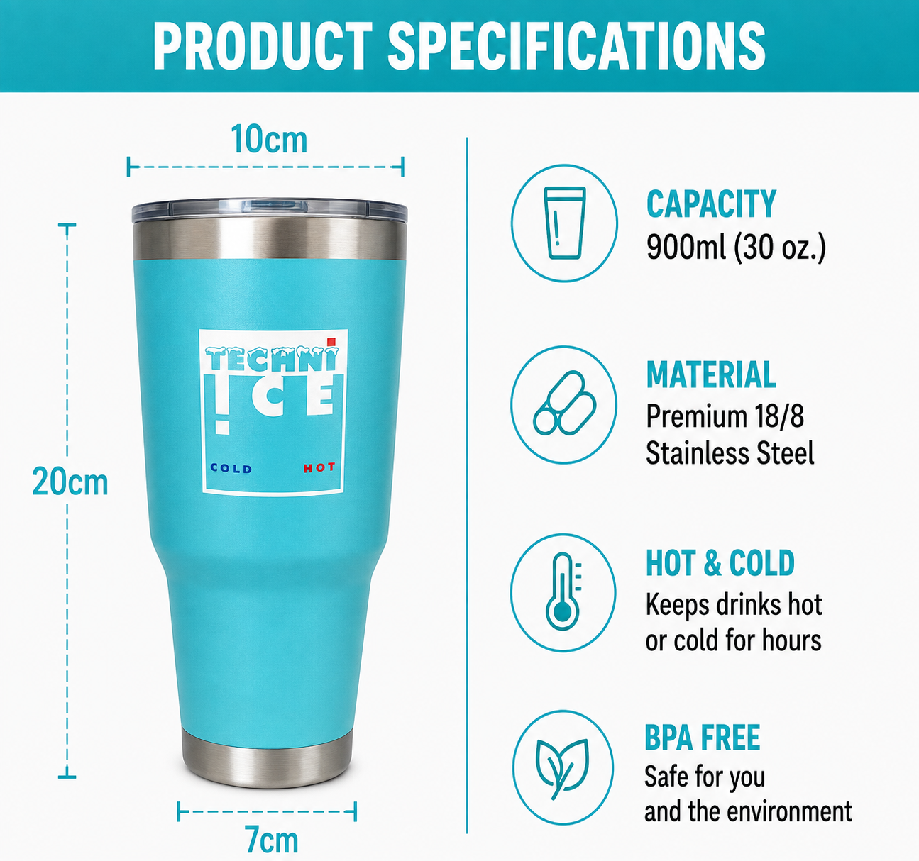Techniice 900ml (30 oz.) Travel Tumbler Ocean Aqua+3 Free Techni Ice Reusable Dry Ice Packs