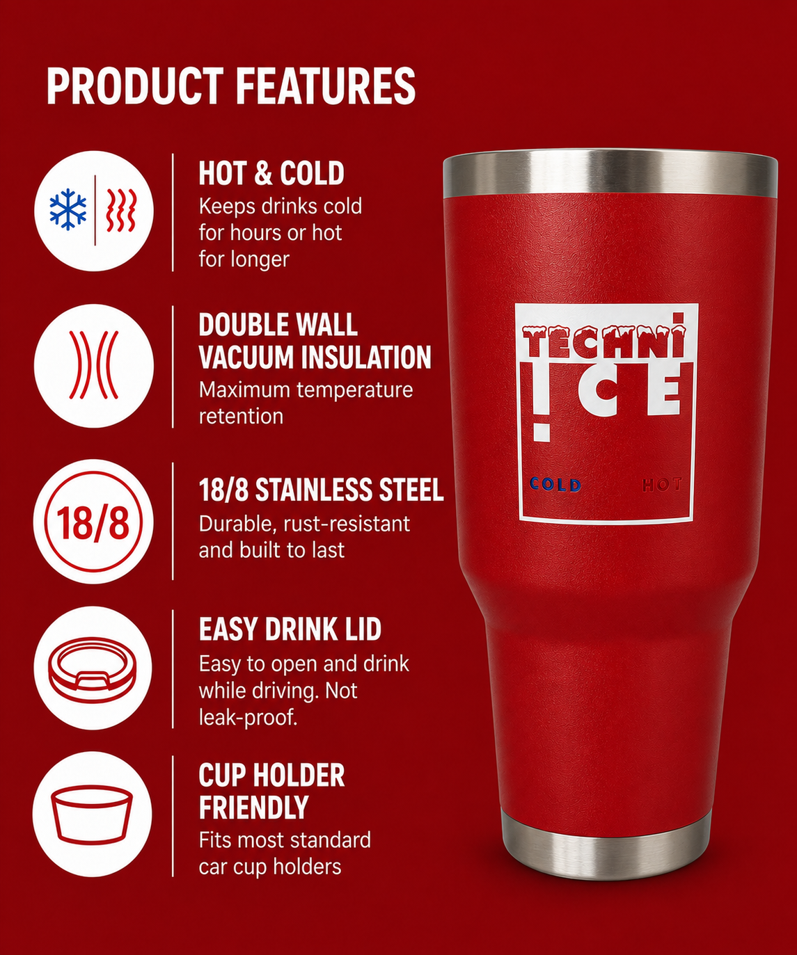 Techni Ice 1200ml (40 oz.) Adventure Tumbler Lava Red+3 Free Techni Ice Reusable Dry Ice Packs
