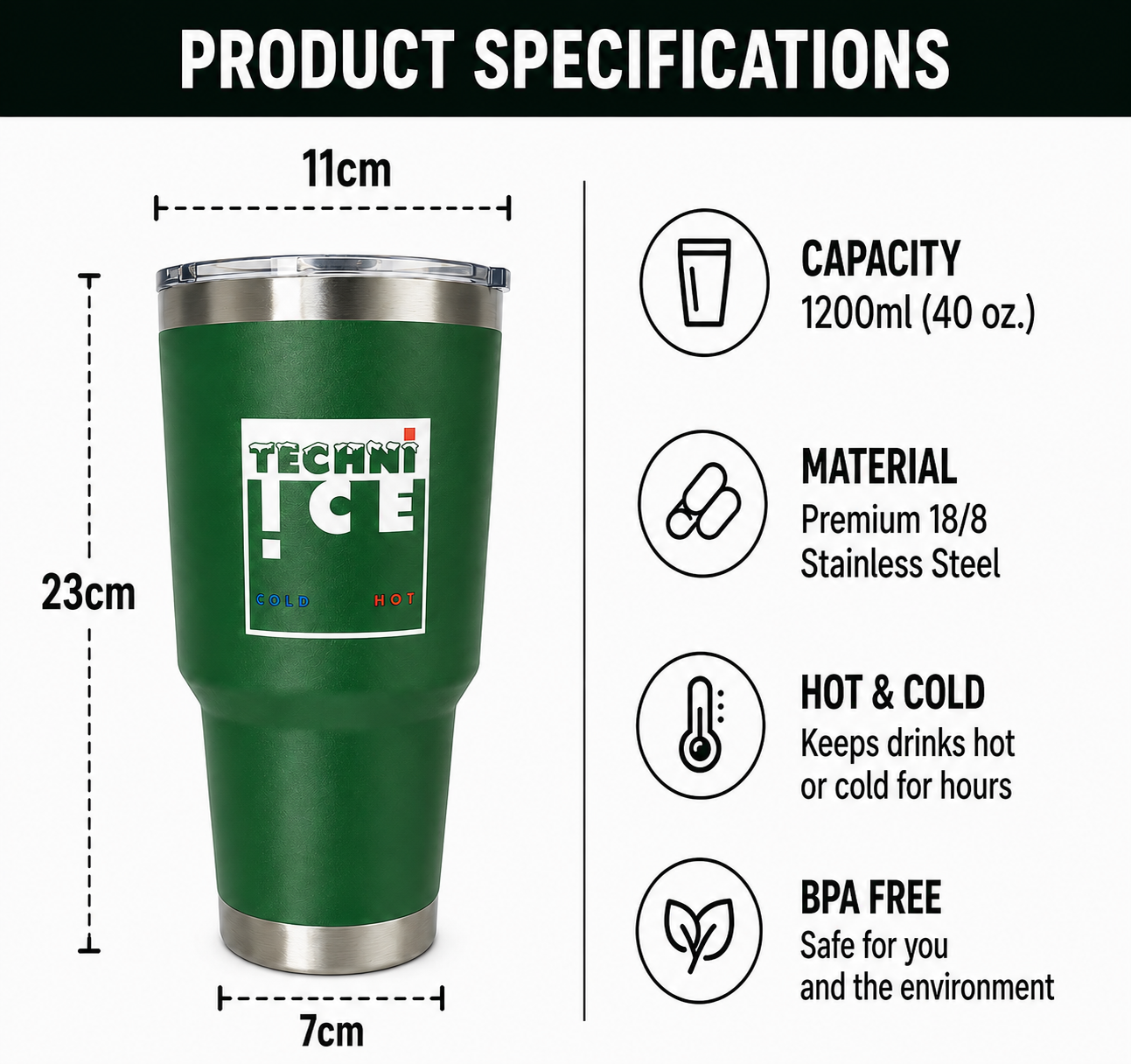 Techni Ice 1200ml (40 oz.) Adventure Tumbler  Outback Green+3 Free Techni Ice Reusable Dry Ice Packs