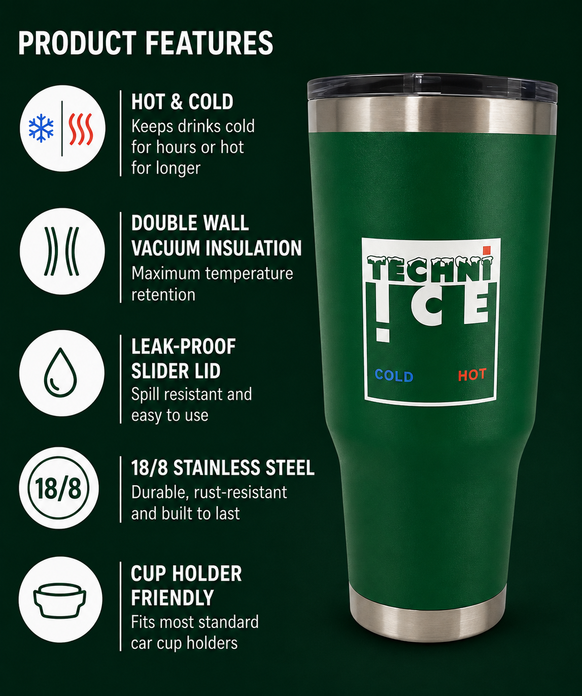 Techni Ice 900ml (30 oz.) Travel Tumbler  Outback Green+3 Free Techni Ice Reusable Dry Ice Packs