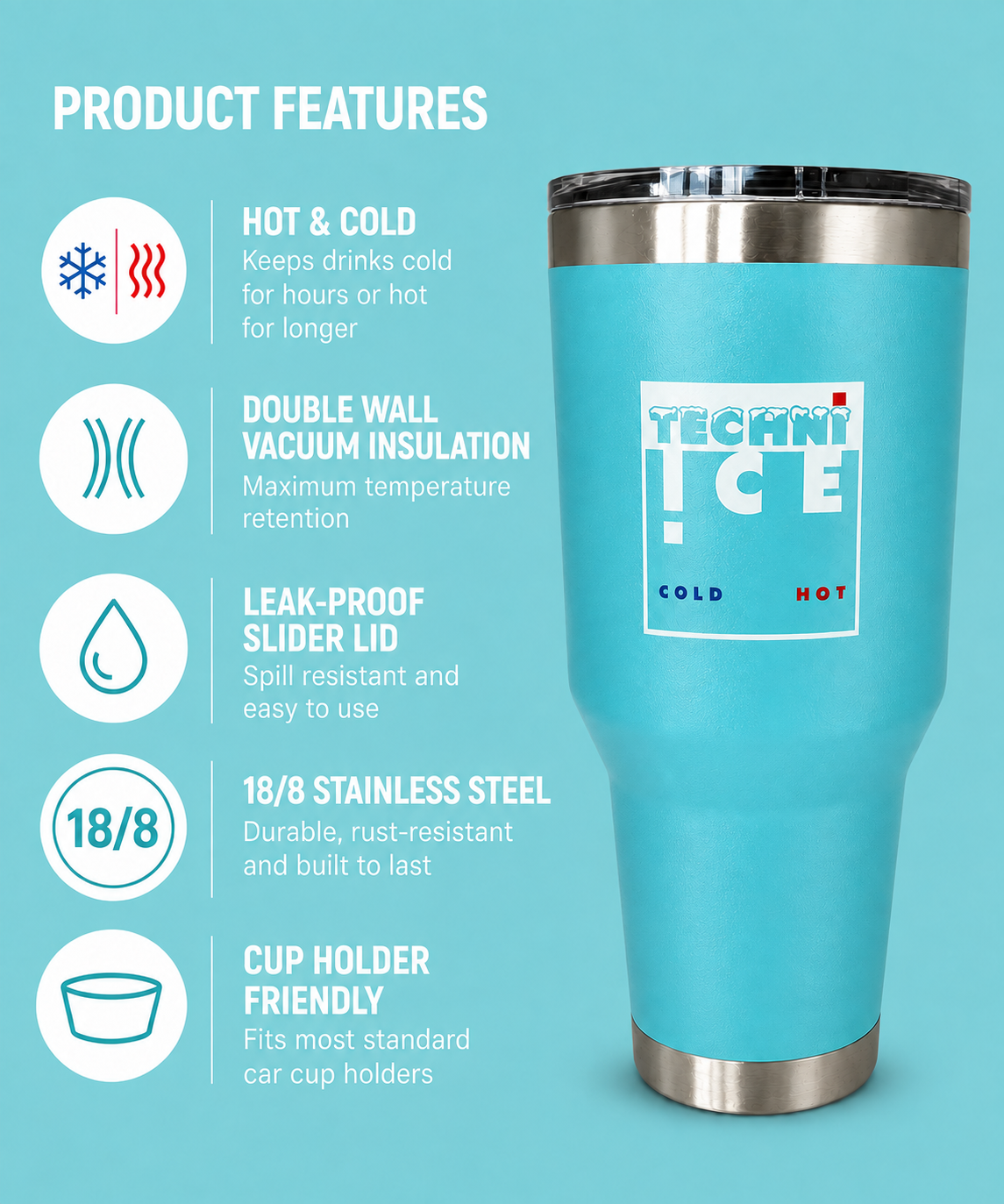 Techniice 900ml (30 oz.) Travel Tumbler Ocean Aqua+3 Free Techni Ice Reusable Dry Ice Packs