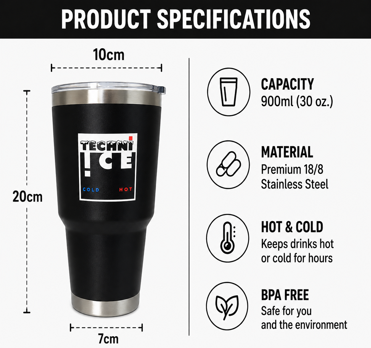 Techni Ice 900ml (30 oz.) Travel Tumbler Coal Black+3 Free Techni Ice Reusable Dry Ice Packs