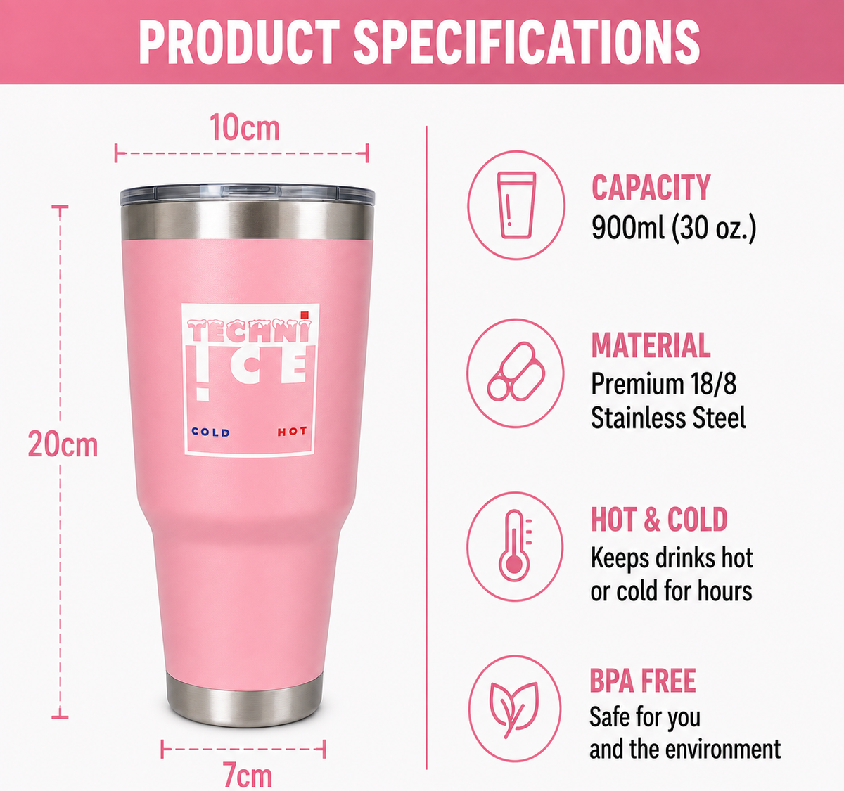 Techni Ice 900ml (30 oz.) Travel Tumbler Desert Rose+3 Free Techni Ice Reusable Dry Ice Packs